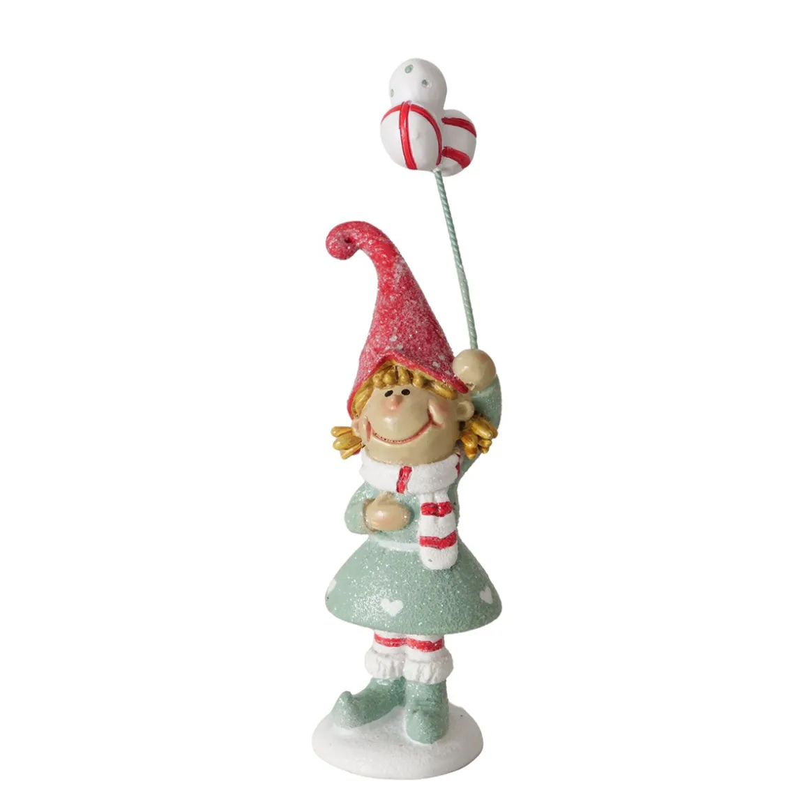 Wichtel Jingle mit Ballon, Weihnachtswichel Mädchen mit roter Mütze und grünem Kleid, Boltze Home Collections