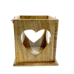 Windlicht Herz Natur, Holzlaterne mit Jutegriff, 17x15cm, Mangoholz