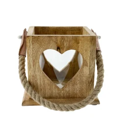 Windlicht Herz Natur, Holzlaterne mit Jutegriff, 13x12cm, Mangoholz
