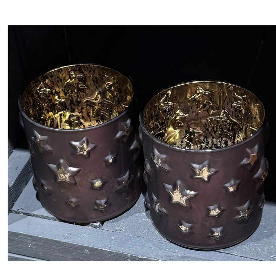 Windlicht Sterne, Glaswindlicht Weihnachtssterne violett-gold, 9x10cm