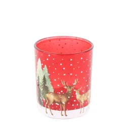 Windlichtglas Winterwald, Hirsche und Reh im Wald, rot, 7x8cm