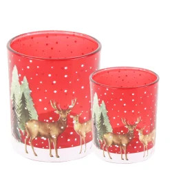 Windlichtglas Winterwald, Hirsche und Reh im Wald, rot, 7x8cm