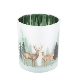 Windlichtglas Winterwald, Hirsche und Reh im Wald, matt, grün, 7x8cm