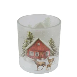 Windlicht Hüttenzauber, Glas Windlicht mit Berghütte, Hirsch und Rehe im Winterwald, 9cm