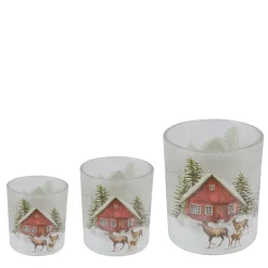 Windlicht Hüttenzauber, Glas Windlicht mit Berghütte, Hirsch und Rehe im Winterwald, 9cm