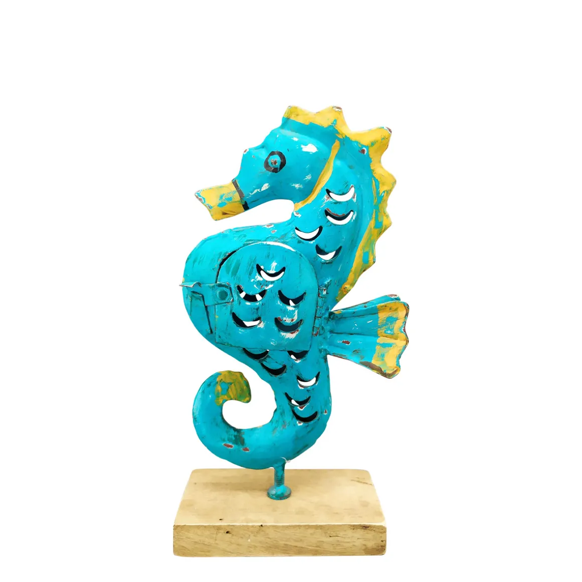 Windlicht Seepferdchen blau, Seepferdchen mit kleinem Türchen, 24cm, Metall