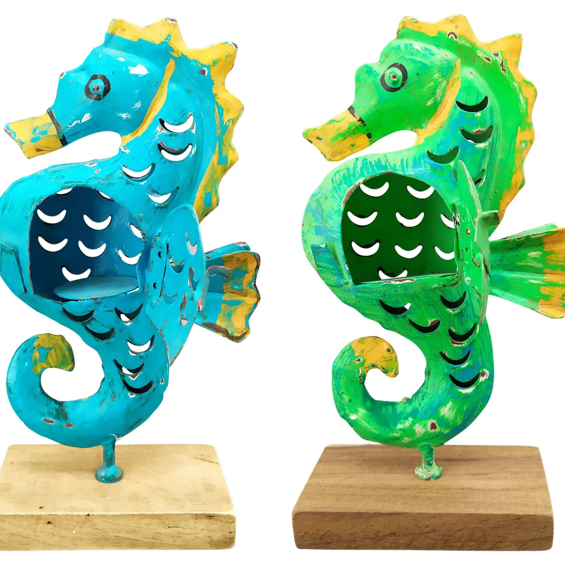 Windlicht Seepferdchen blau, Seepferdchen mit kleinem Türchen, 24cm, Metall