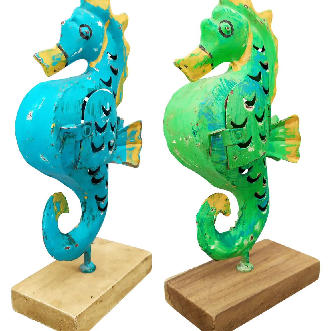 Windlicht Seepferdchen blau, Seepferdchen mit kleinem Türchen, 24cm, Metall