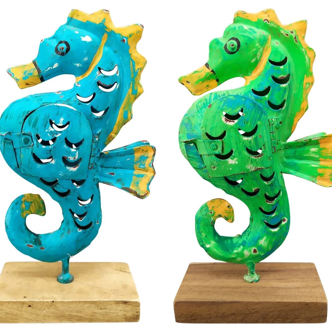 Windlicht Seepferdchen blau, Seepferdchen mit kleinem Türchen, 24cm, Metall