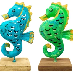 Windlicht Seepferdchen blau, Seepferdchen mit kleinem Türchen, 24cm, Metall