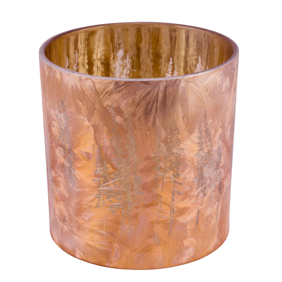 Windlicht Winterwald kupfer, Glaswindlicht mit Tannenbaum-Motiv, durchscheinend, 20cm