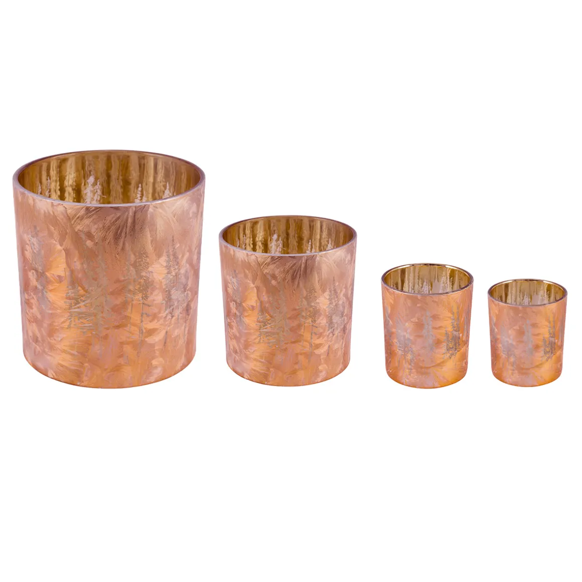 Windlicht Winterwald kupfer, Glaswindlicht mit Tannenbaum-Motiv, durchscheinend, 20cm