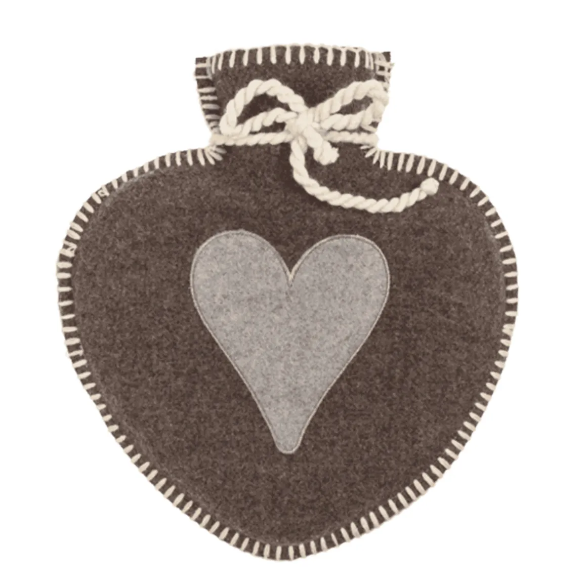 Wärmflasche in Herzform braun-grau, Filzüberzug mit Kordel