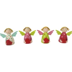 Zaunhocker Engel Schutzengel, Metallengel mit Herz und weiß-creme Pünktchen-Kleid, 9cm