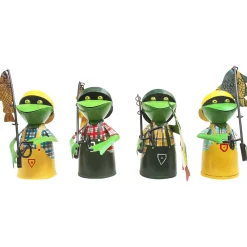 Zaunhocker Frosch Angler, Metallfrosch mit Angel und Fisch, grüne Schürze, 25cm