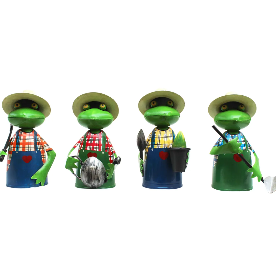 Zaunhocker Frosch Gärtner mit Stab, Metallfrosch in Gärtnerschürze und Sonnenhut, 21cm