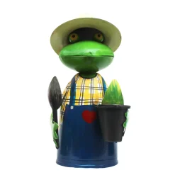 Zaunhocker Frosch Gärtner mit Pflanze und Schaufel, Metallfrosch in Gärtnerschürze und Sonnenhut, 21
