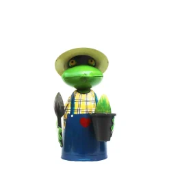 Zaunhocker Frosch Gärtner mit Pflanze und Schaufel, Metallfrosch in Gärtnerschürze und Sonnenhut, 21