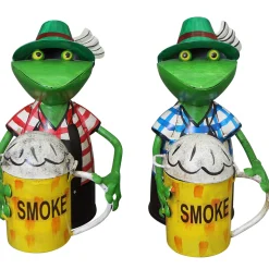 Zaunhocker Frosch Landhaus, Metallfrosch in Lederhose mit Aschenbecher Bierkrug, 22cm