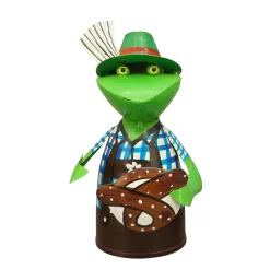 Zaunhocker Frosch Landhaus, Metallfrosch in Lederhose mit Breze, 20cm