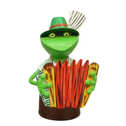 Zaunhocker Frosch Landhaus, Metallfrosch in Lederhose mit Akkordeon, 20cm