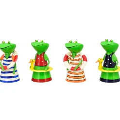 Zaunhocker Frosch mit Badekleid blau geringelt, Metallfrosch mit Schwimmreifen, 20cm