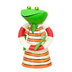 Zaunhocker Frosch mit Badekleid orange-creme, Metallfrosch mit Schwimmreifen, 20cm