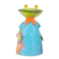 Zaunhocker Frosch mit Regenschirm, Metallfrosch blaues Kleid und Regenschirm, 18cm