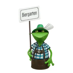 Zaunhocker Frosch Tracht, Metallfrosch in Lederhose mit Schild Biergarten, 30cm