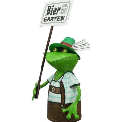 Zaunhocker Frosch Tracht, Metallfrosch in Lederhose mit Schild Biergarten, 30cm