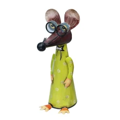 Zaunhocker Maus mit langer Nase und Brille, Metallmaus mit grünem Kleid, 30cm